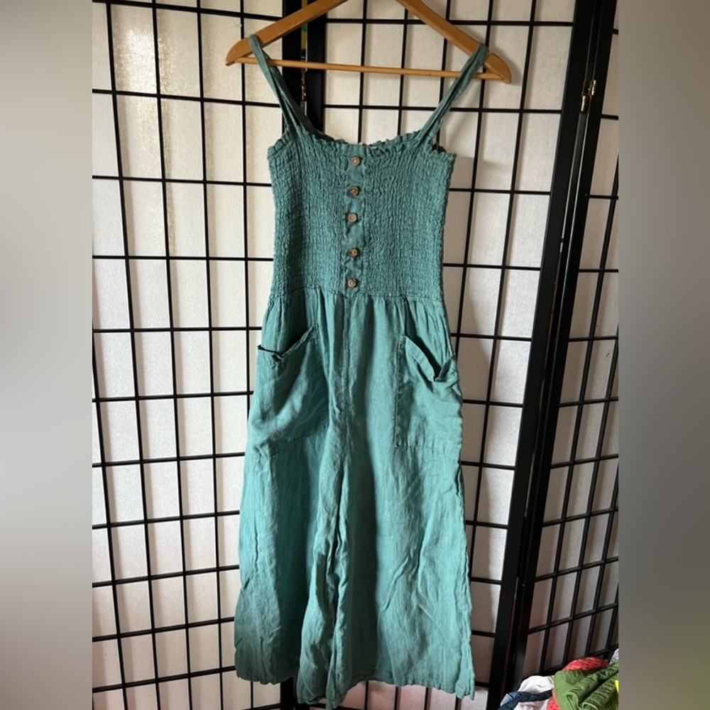 Meo Meli Smocked Button-Front Teal Jumpsuit with Pockets